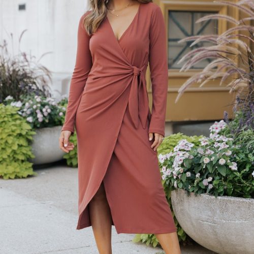 surplice ribbed midi wrap dress brick 809599