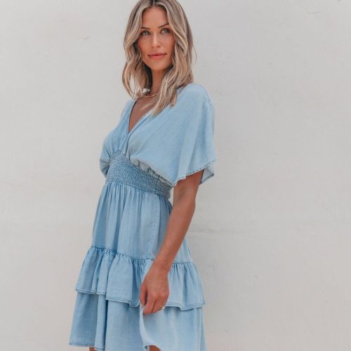 sylvie smock tiered mini dress chambray 284034