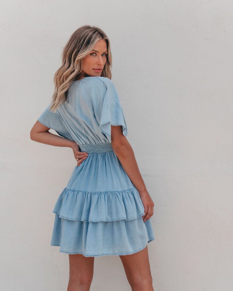 sylvie smock tiered mini dress chambray 406229