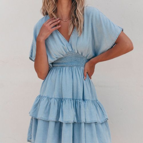 sylvie smock tiered mini dress chambray 618419