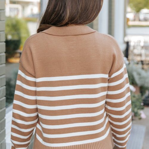 tan and cream striped pullover sweater 942005