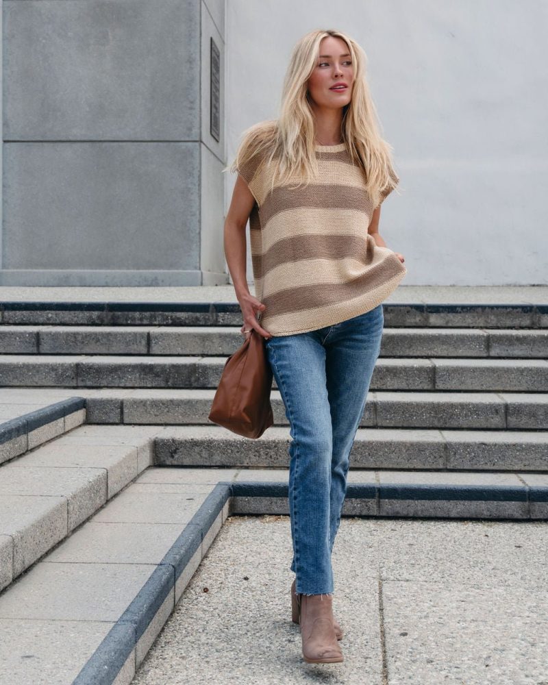 tan and mocha striped pullover sweater 659560