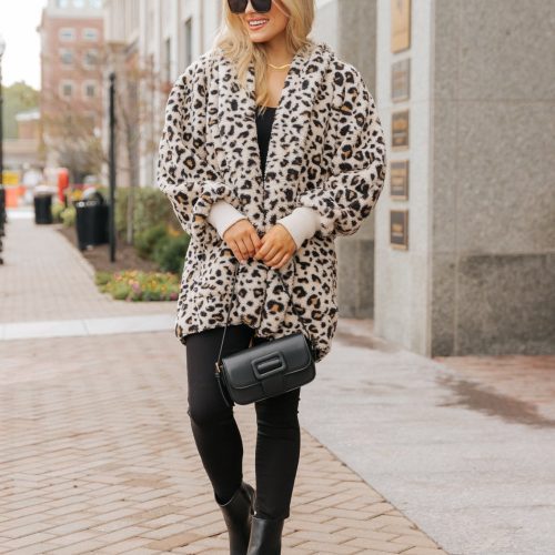 tan leopard print fur hooded jacket 320001