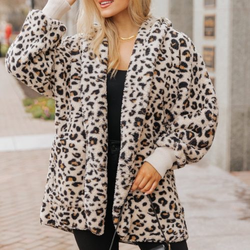 tan leopard print fur hooded jacket 502411