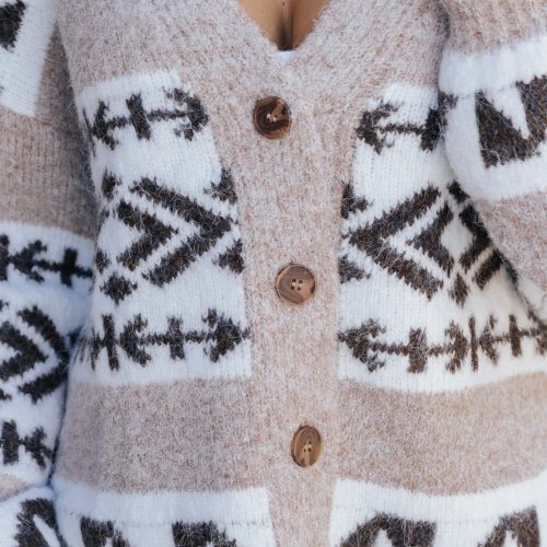 taupe aztec print buttoned cardigan 490713