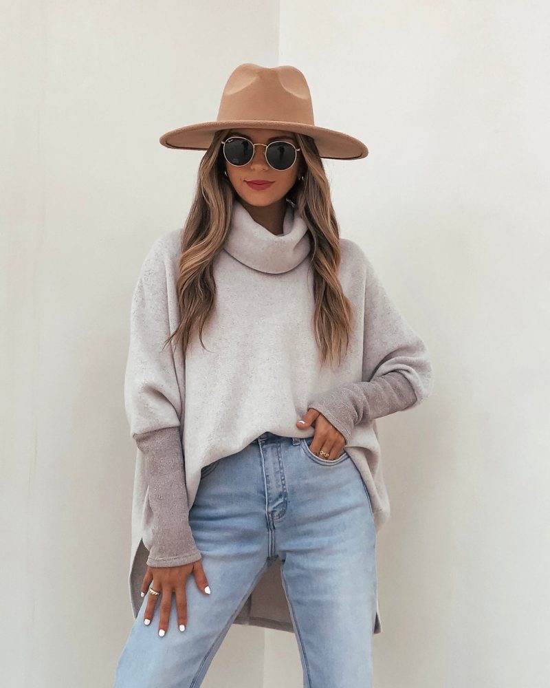 taupe color block turtleneck sweater 951102