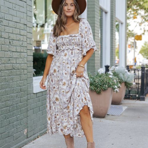 taupe floral print ruffle sleeve midi dress 467057