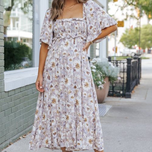 taupe floral print ruffle sleeve midi dress 811573