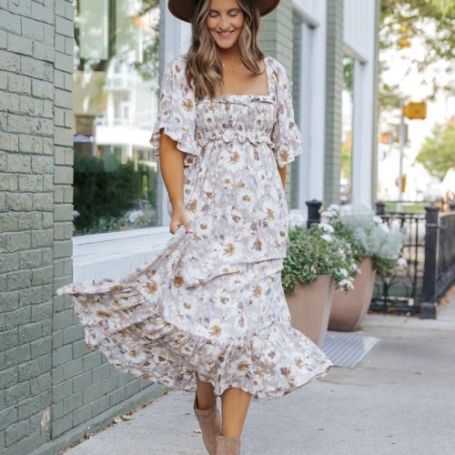 taupe floral print ruffle sleeve midi dress 966059