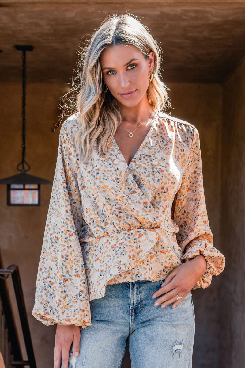 taupe floral print surplice top 463427