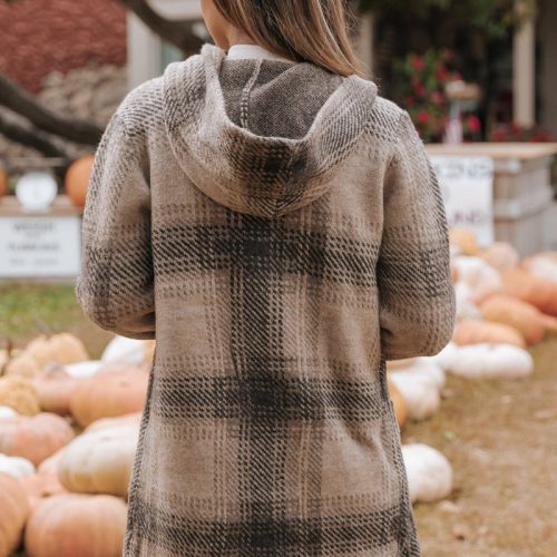 taupe plaid hooded open knit coat 333964