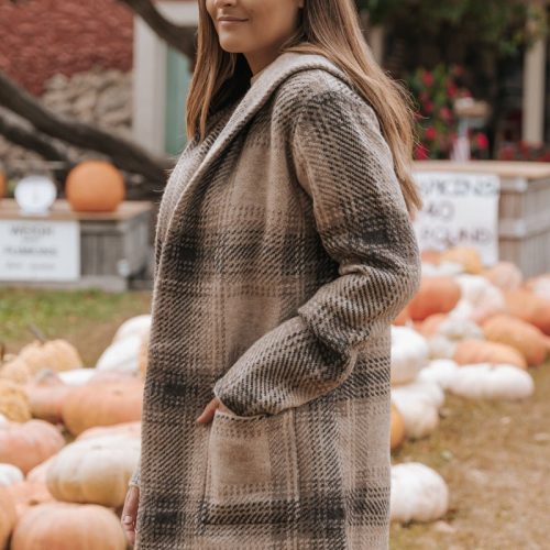 taupe plaid hooded open knit coat 563663