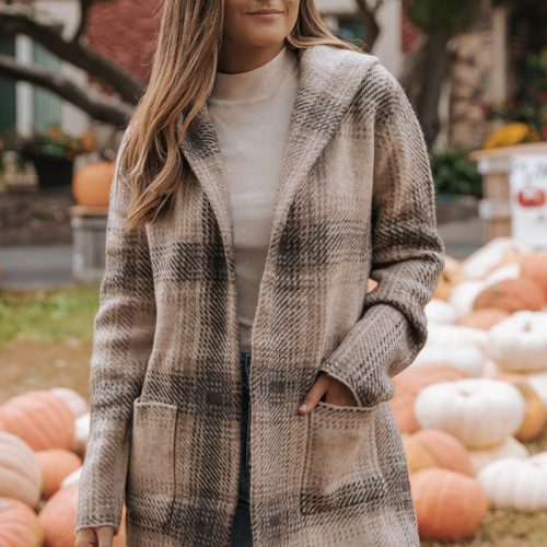 taupe plaid hooded open knit coat 658286