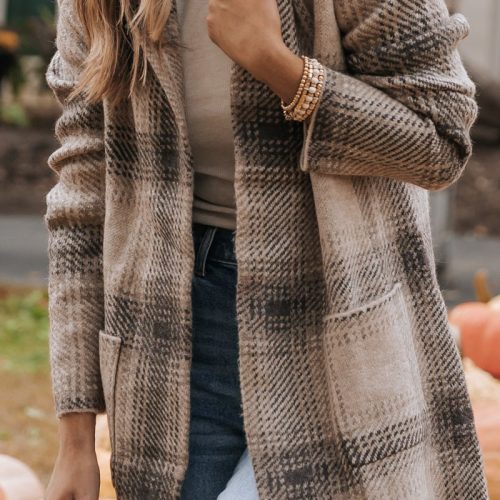 taupe plaid hooded open knit coat 829542