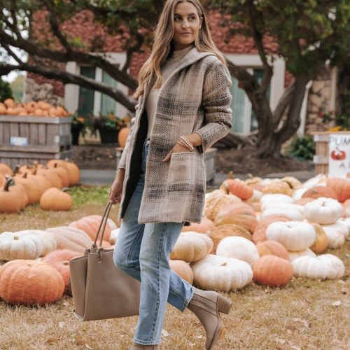 taupe plaid hooded open knit coat 831183