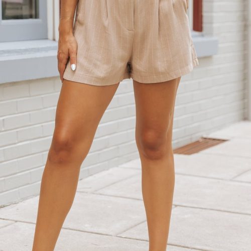 taupe stripe pleated linen shorts 260346