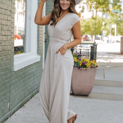 taupe striped wide leg jumpsuit 227199