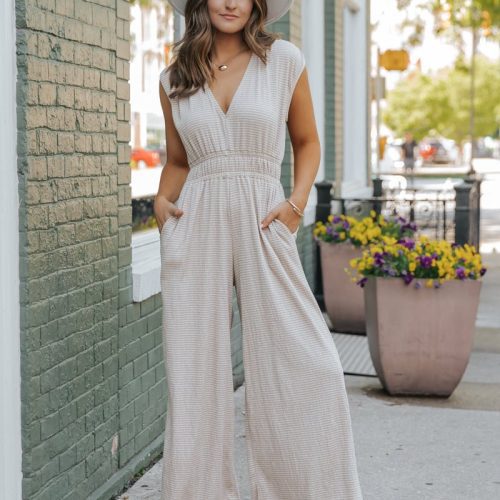 taupe striped wide leg jumpsuit 256512