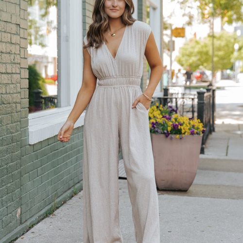 taupe striped wide leg jumpsuit 287700