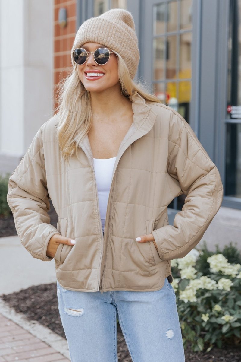 taupe zip up puffer jacket 513217