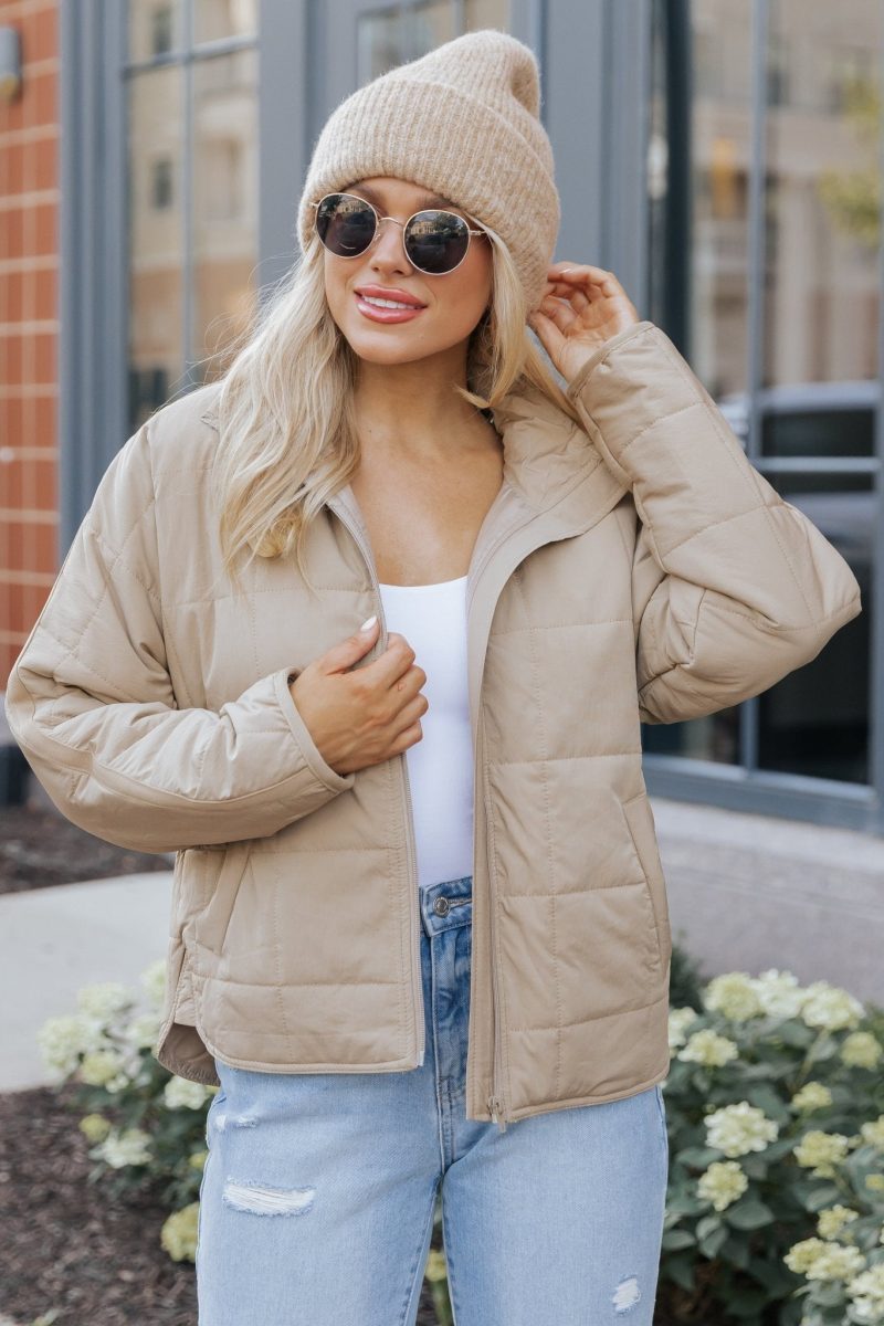 taupe zip up puffer jacket 840669