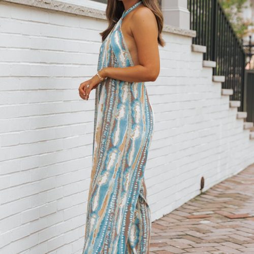 teal print cross front halter jumpsuit 656750