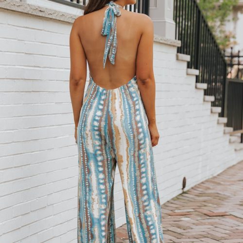 teal print cross front halter jumpsuit 743817