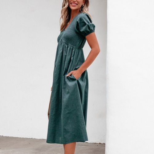 teal puff sleeve textured midi dress 682287