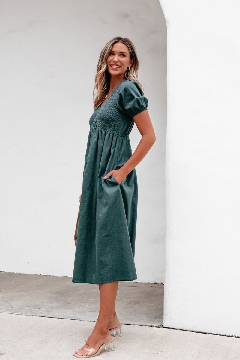 teal puff sleeve textured midi dress 682287