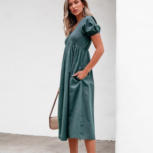 teal puff sleeve textured midi dress 689603