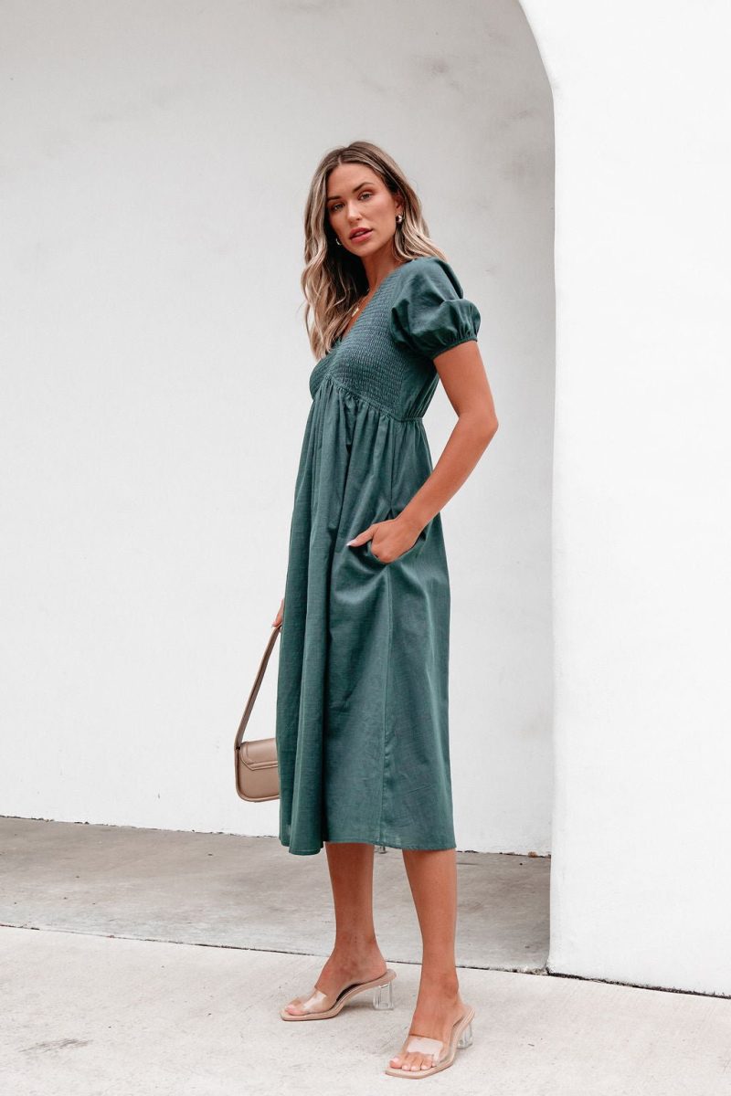 teal puff sleeve textured midi dress 689603