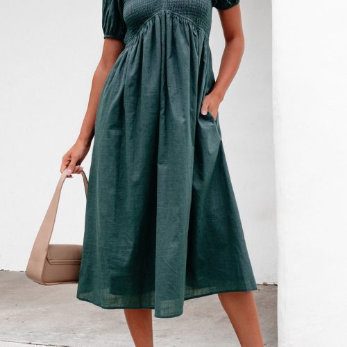 teal puff sleeve textured midi dress 800500