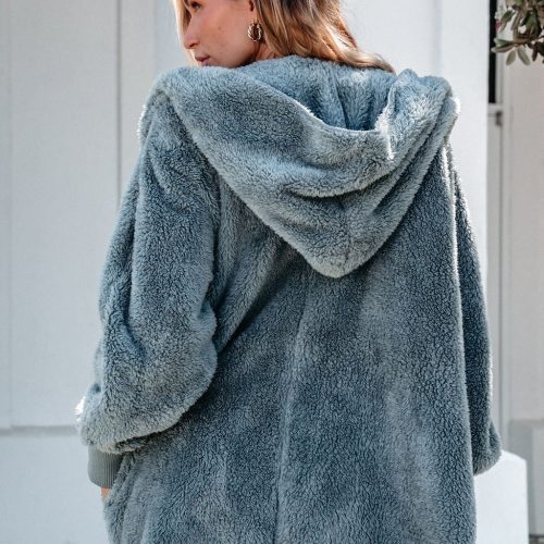 teddy fleece hooded cardigan blue grey 123444