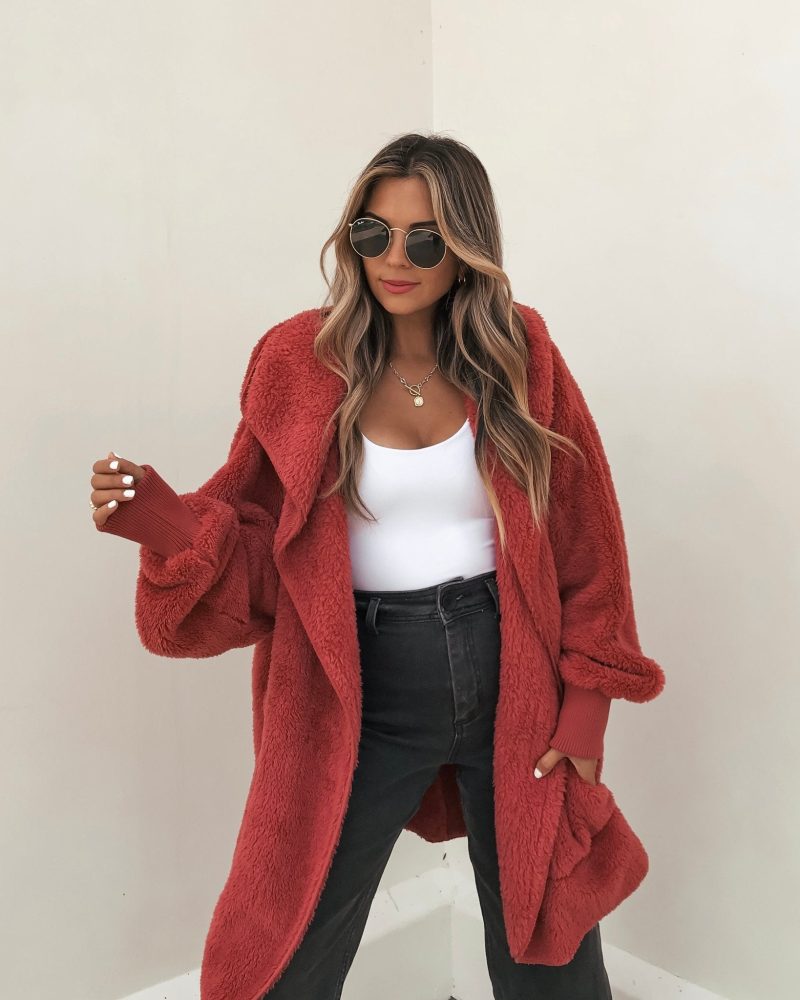 teddy fleece hooded cardigan red pre order 384531