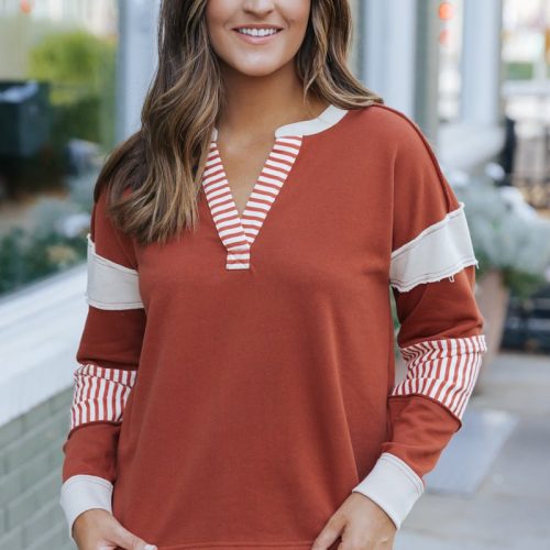 terracotta color block striped sweater 214032