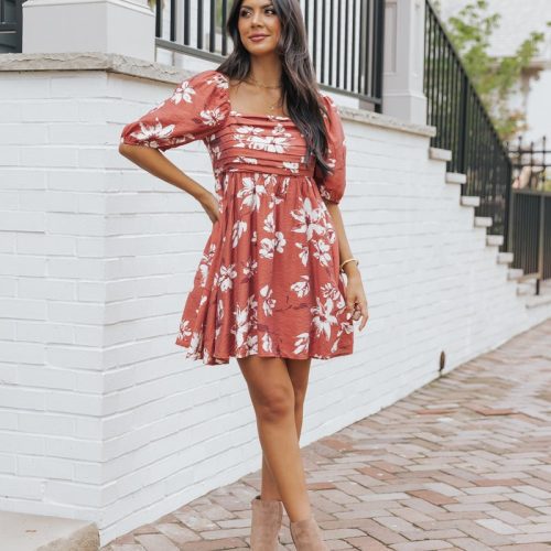 terracotta floral print pleated mini dress 763313