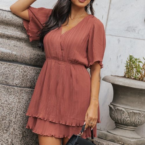 terracotta satin pleated mini dress 844275