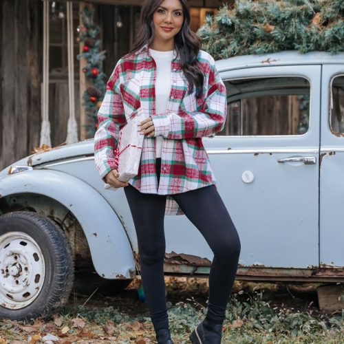 the mistletoe plaid button down shacket 109979