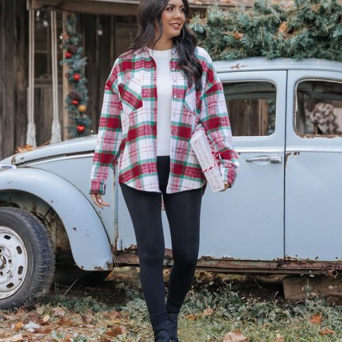 the mistletoe plaid button down shacket 499866