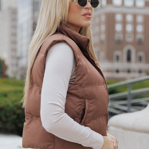 thread and supply brown puffer vest 251636