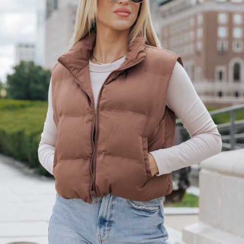 thread and supply brown puffer vest 413389