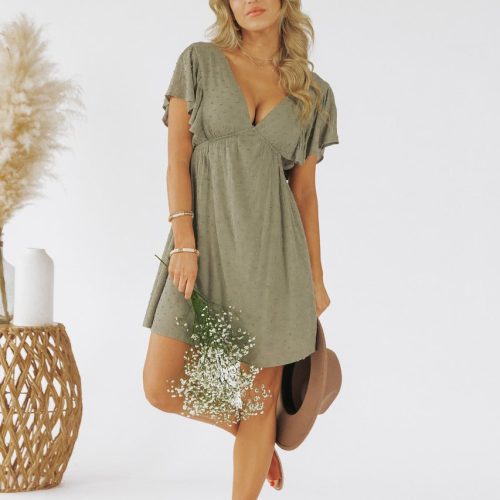 v neck olive dotted empire dress final sale 365556