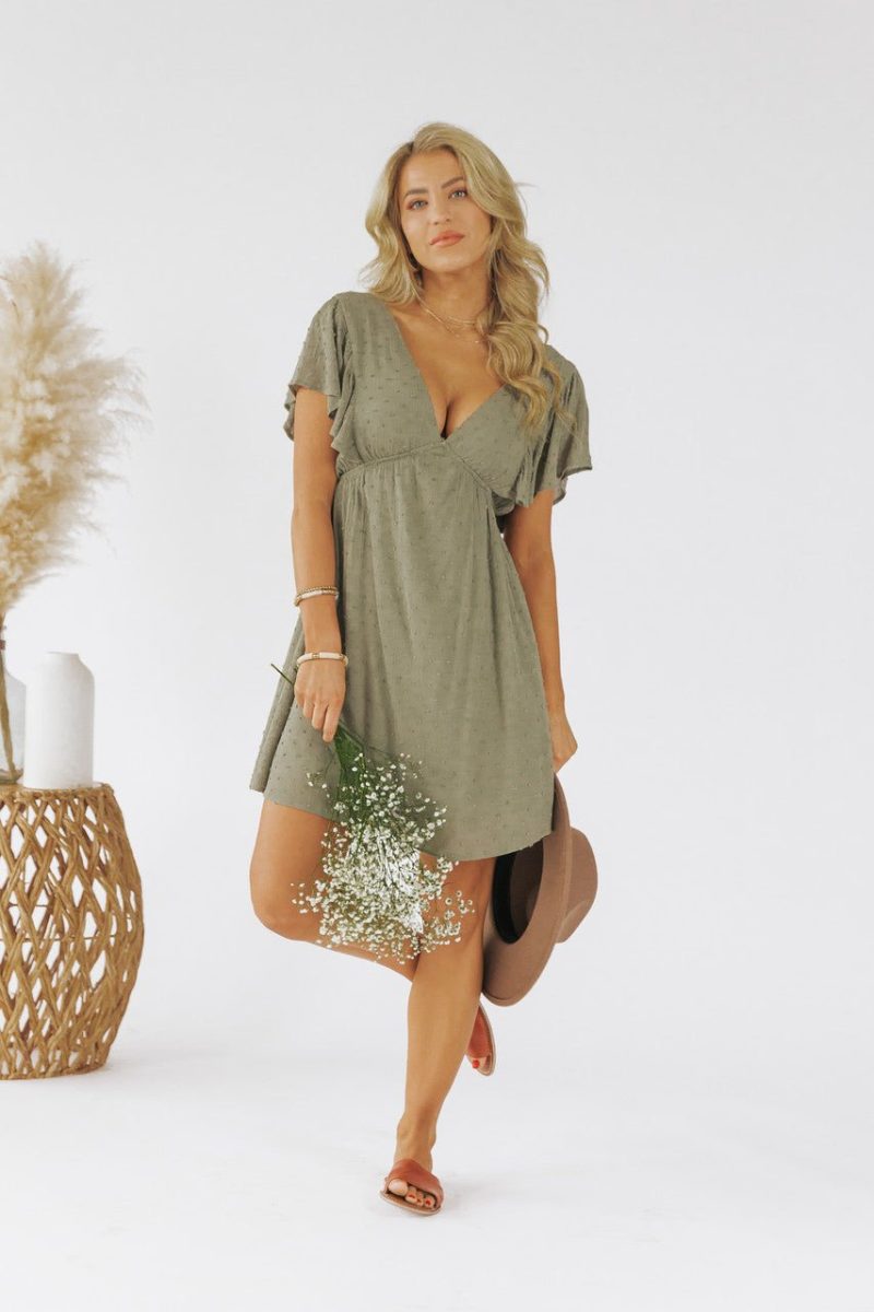 v neck olive dotted empire dress final sale 365556