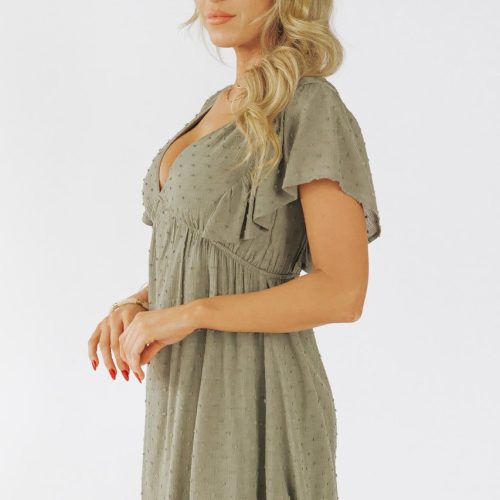 v neck olive dotted empire dress final sale 523159