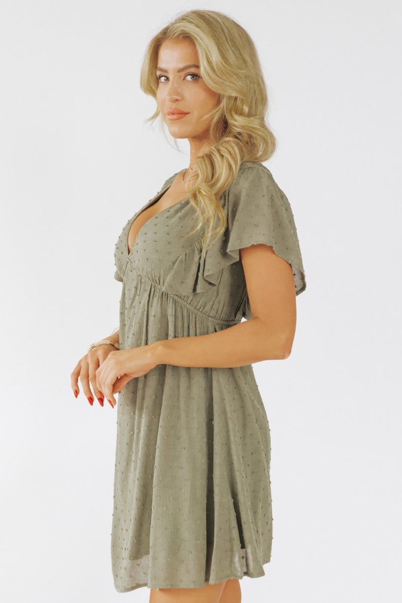 v neck olive dotted empire dress final sale 523159