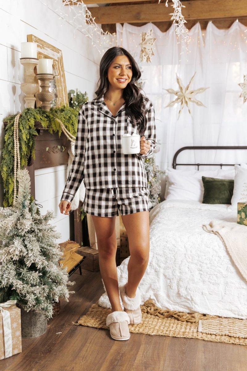 waking up black plaid shirt shorts set 412693