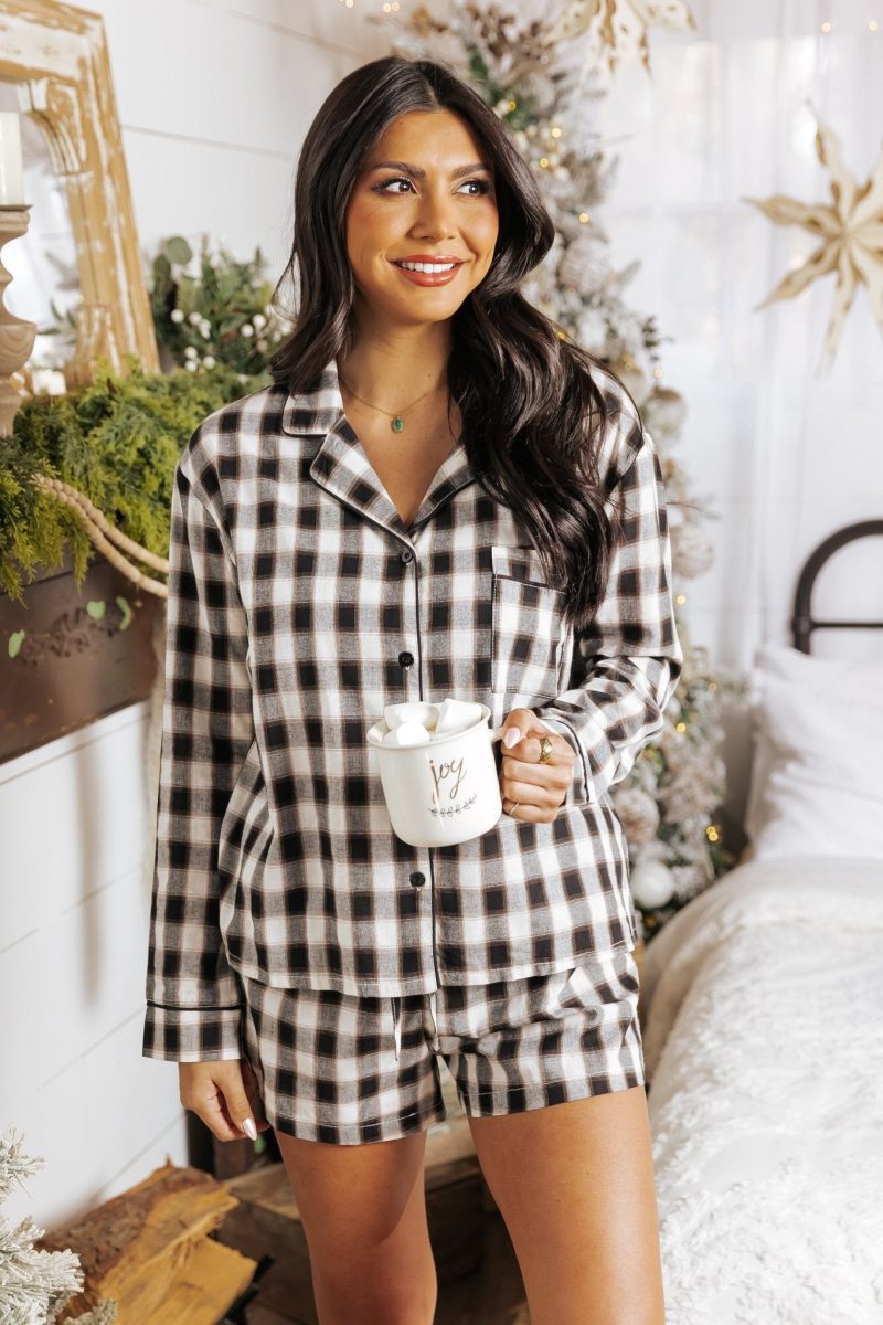 waking up black plaid shirt shorts set 558947