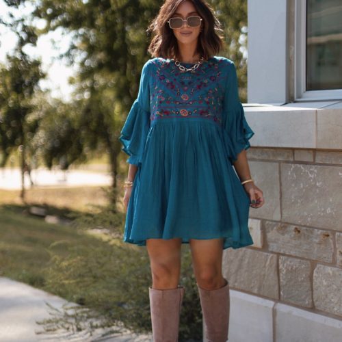 whimsical teal floral embroidered mini dress 251403