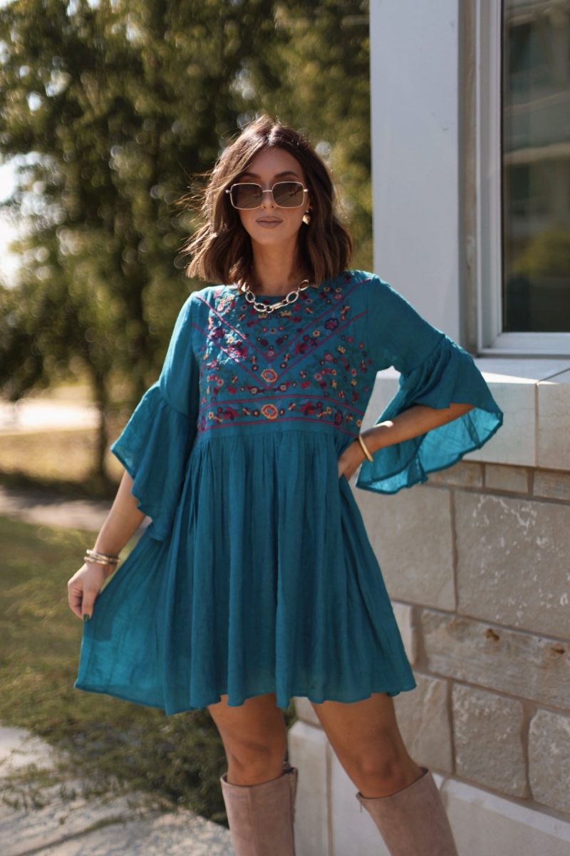 whimsical teal floral embroidered mini dress 742971