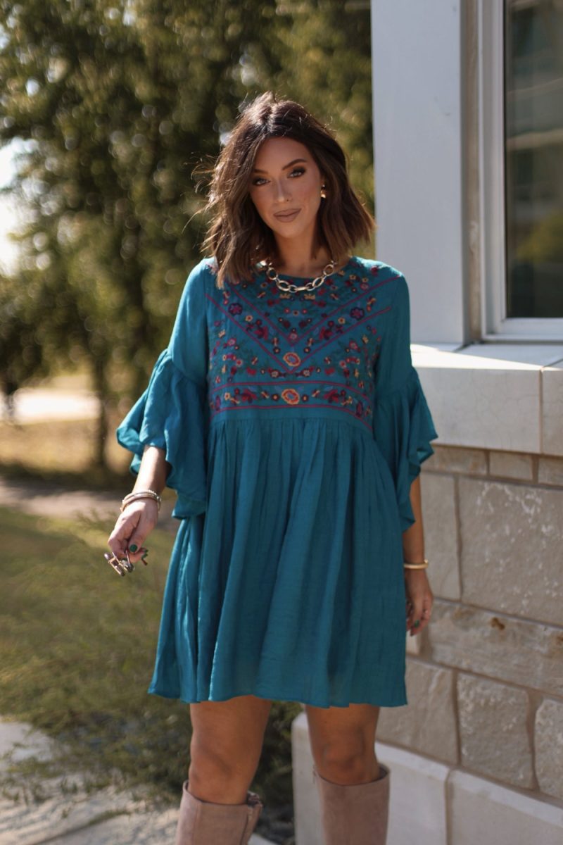 whimsical teal floral embroidered mini dress 859665